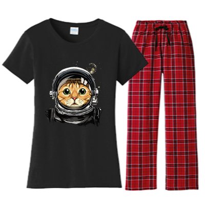 Astronaut Cat in Space Holding Planet Balloon Women's Flannel Pajama Set