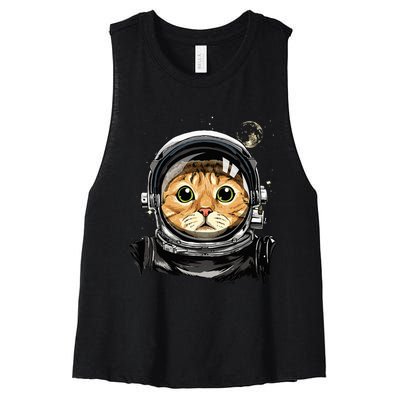 Astronaut Cat in Space Holding Planet Balloon Women's Racerback Cropped Tank