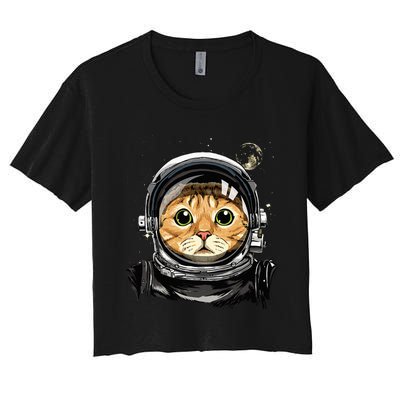 Astronaut Cat in Space Holding Planet Balloon Women's Crop Top Tee