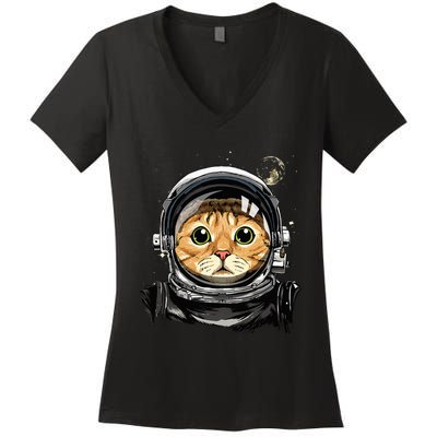 Astronaut Cat in Space Holding Planet Balloon Women's V-Neck T-Shirt