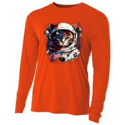 Astronaut Cat In Space Gift Flag Usa Cosmos Helmet Graphic Cute Gift Cooling Performance Long Sleeve Crew