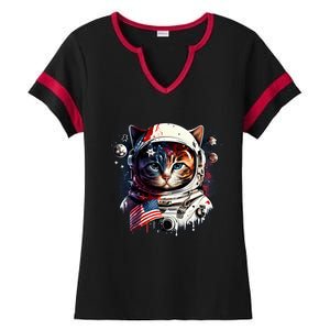 Astronaut Cat In Space Gift Flag Usa Cosmos Helmet Graphic Cute Gift Ladies Halftime Notch Neck Tee