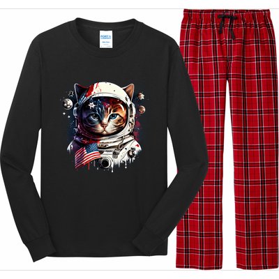 Astronaut Cat In Space Gift Flag Usa Cosmos Helmet Graphic Cute Gift Long Sleeve Pajama Set