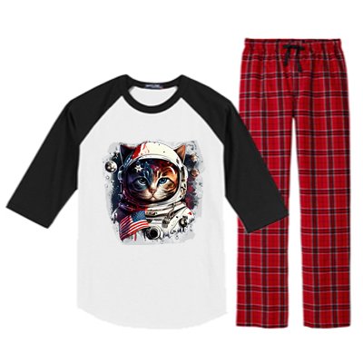 Astronaut Cat In Space Gift Flag Usa Cosmos Helmet Graphic Cute Gift Raglan Sleeve Pajama Set