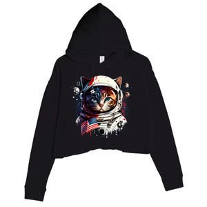 Astronaut Cat In Space Gift Flag Usa Cosmos Helmet Graphic Cute Gift Crop Fleece Hoodie