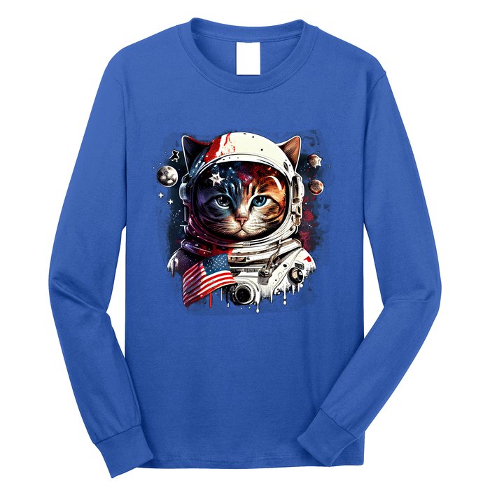 Astronaut Cat In Space Gift Flag Usa Cosmos Helmet Graphic Cute Gift Long Sleeve Shirt