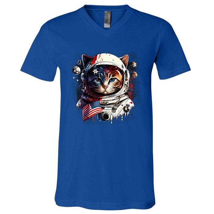 Astronaut Cat In Space Gift Flag Usa Cosmos Helmet Graphic Cute Gift V-Neck T-Shirt