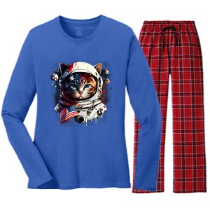 Astronaut Cat In Space Gift Flag Usa Cosmos Helmet Graphic Cute Gift Women's Long Sleeve Flannel Pajama Set 