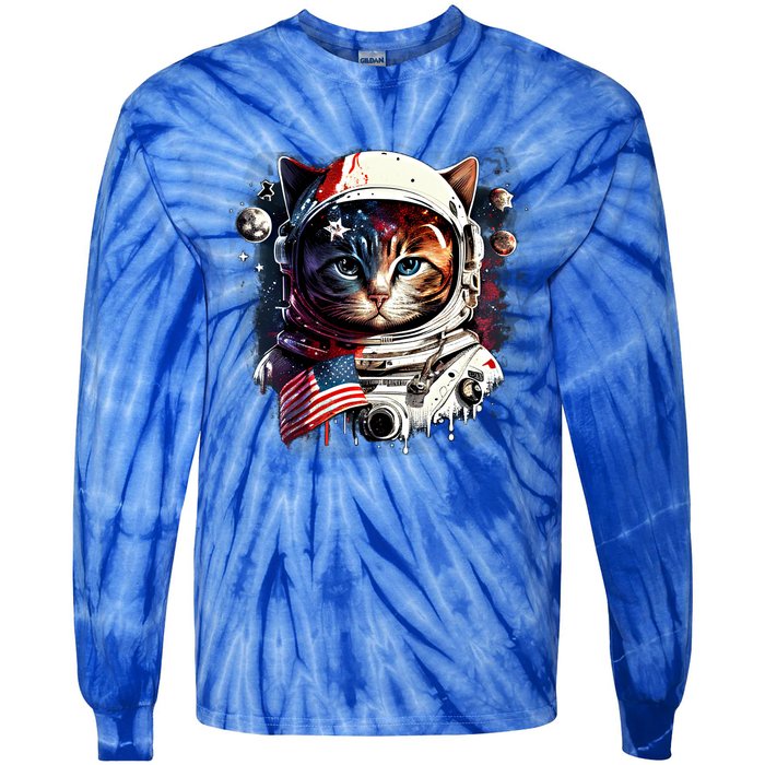 Astronaut Cat In Space Gift Flag Usa Cosmos Helmet Graphic Cute Gift Tie-Dye Long Sleeve Shirt