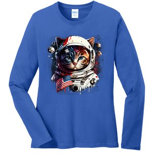 Astronaut Cat In Space Gift Flag Usa Cosmos Helmet Graphic Cute Gift Ladies Long Sleeve Shirt