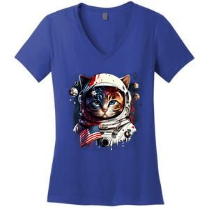 Astronaut Cat In Space Gift Flag Usa Cosmos Helmet Graphic Cute Gift Women's V-Neck T-Shirt