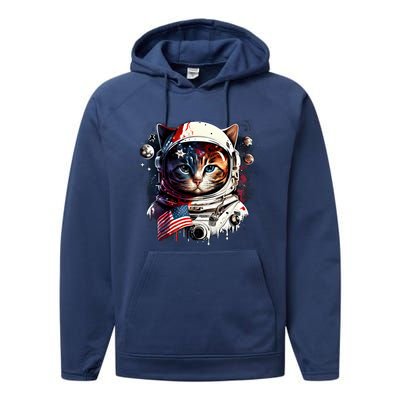 Astronaut Cat In Space Gift Flag Usa Cosmos Helmet Graphic Cute Gift Performance Fleece Hoodie