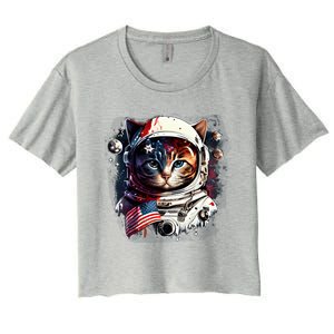 Astronaut Cat In Space Gift Flag Usa Cosmos Helmet Graphic Cute Gift Women's Crop Top Tee