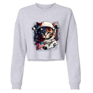 Astronaut Cat In Space Gift Flag Usa Cosmos Helmet Graphic Cute Gift Cropped Pullover Crew