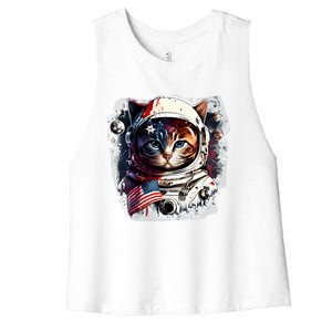 Astronaut Cat In Space Gift Flag Usa Cosmos Helmet Graphic Cute Gift Women's Racerback Cropped Tank