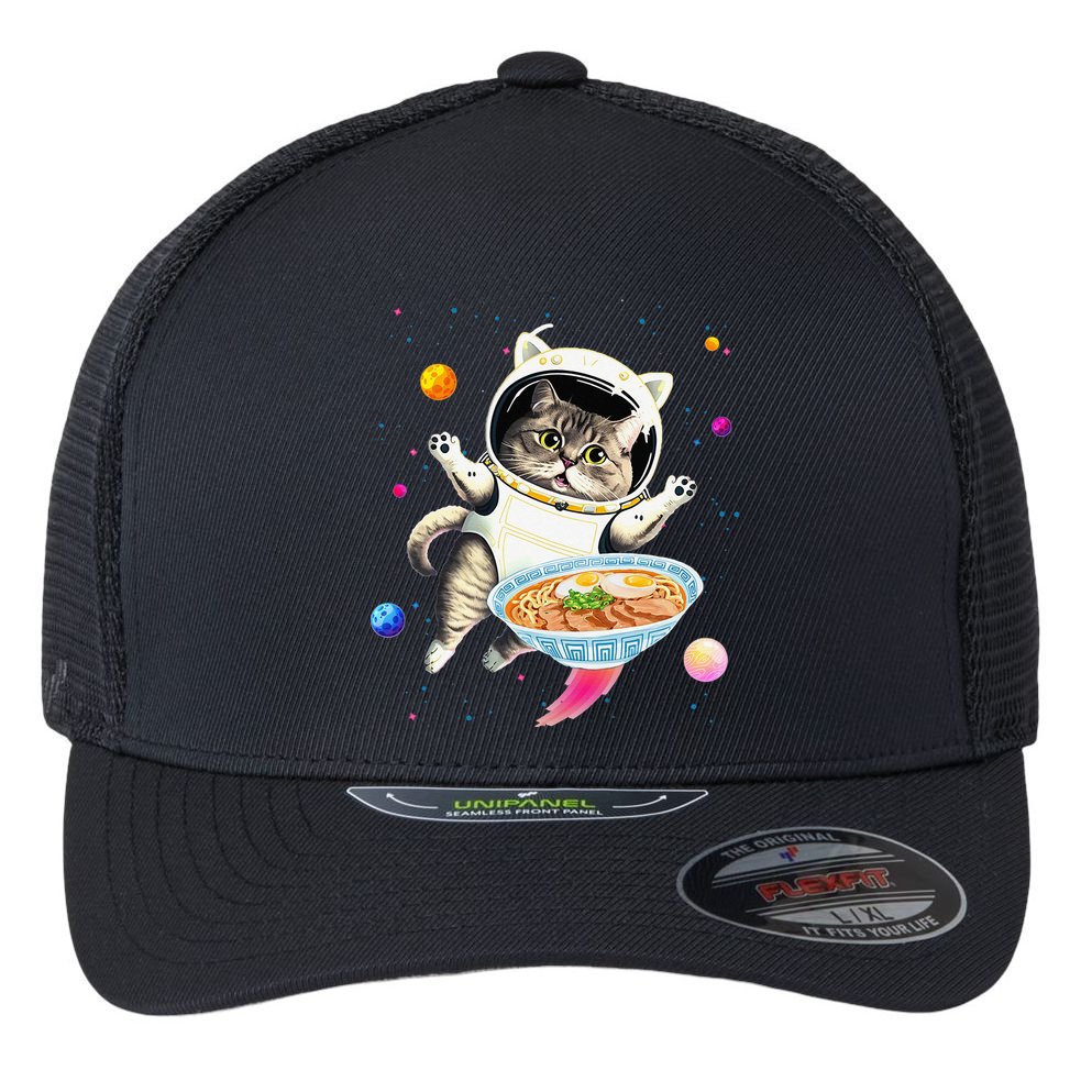 Astronaut Cat In Space With Ramen Noodles Galaxy Cat Flexfit Unipanel Trucker Cap