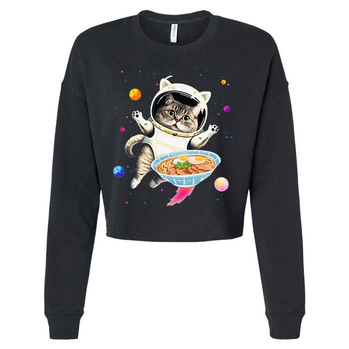 Astronaut Cat In Space With Ramen Noodles Galaxy Cat Cropped Pullover Crew