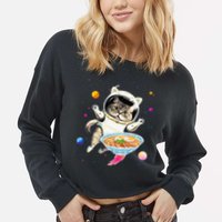 Astronaut Cat In Space With Ramen Noodles Galaxy Cat Cropped Pullover Crew
