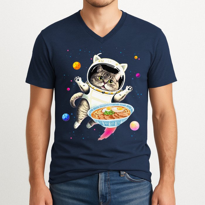 Astronaut Cat In Space With Ramen Noodles Galaxy Cat V-Neck T-Shirt