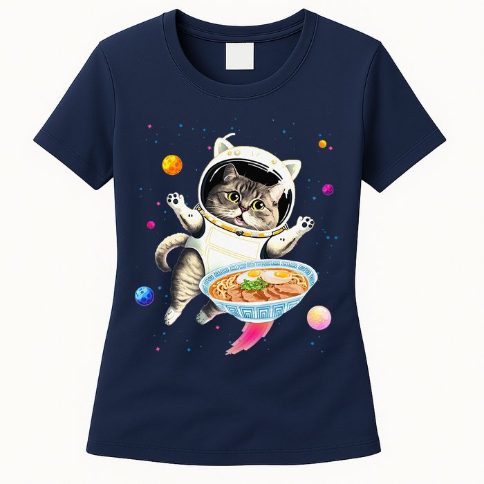 Astronaut Cat In Space With Ramen Noodles Galaxy Cat Womens T-Shirt