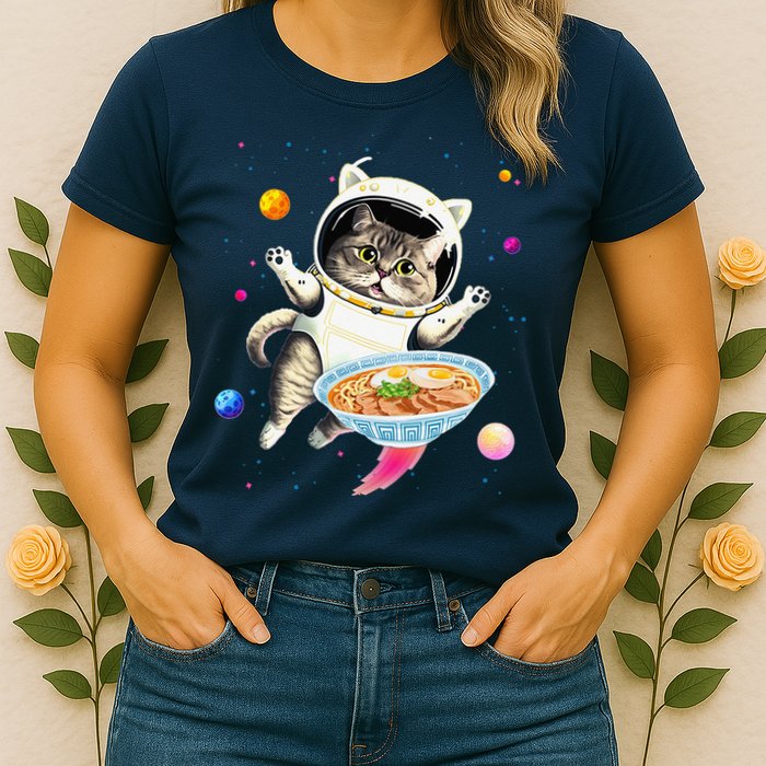 Astronaut Cat In Space With Ramen Noodles Galaxy Cat Womens T-Shirt