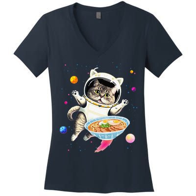 Astronaut Cat In Space With Ramen Noodles Galaxy Cat Women's V-Neck T-Shirt