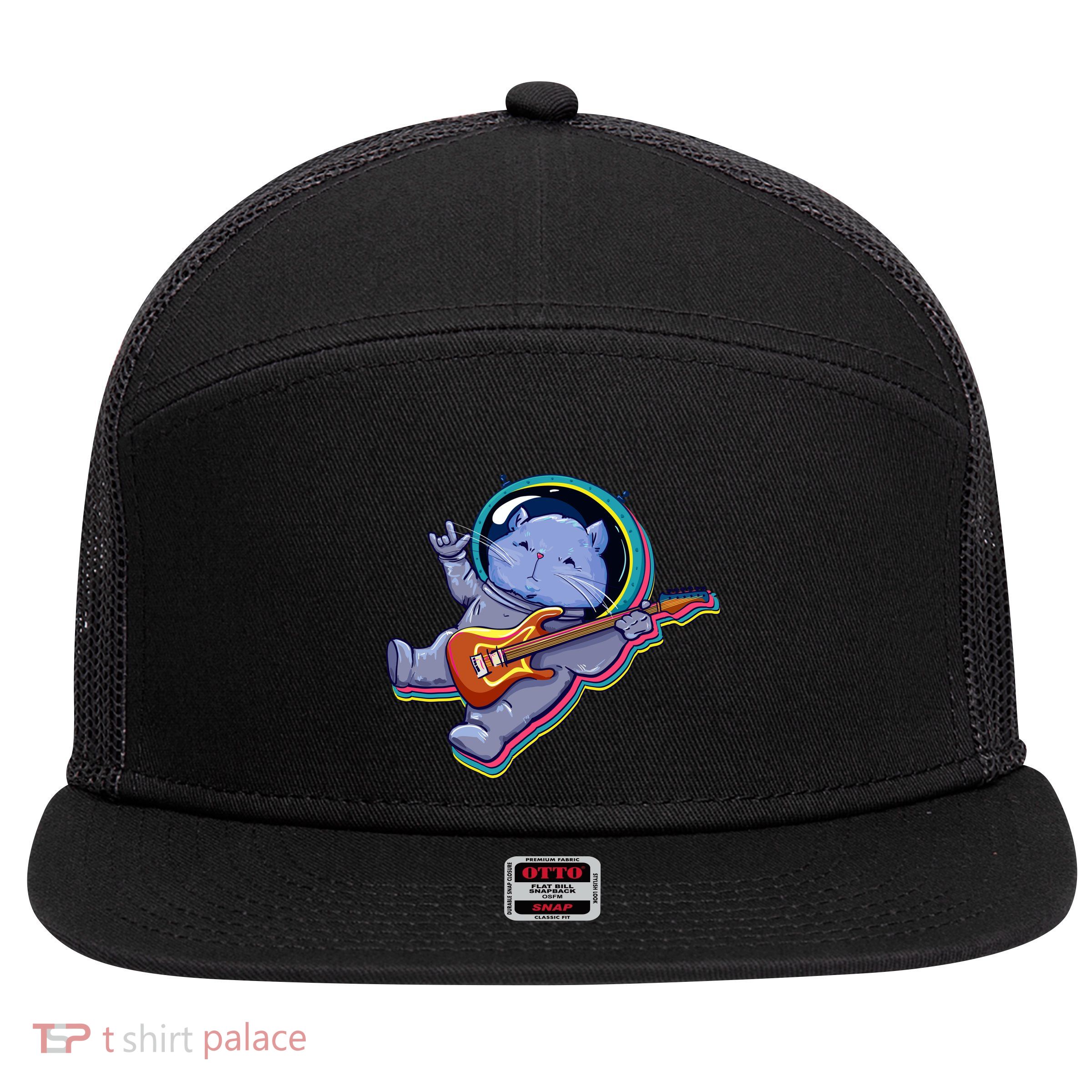 Astronaut Cat In Space Guitar 7 Panel Mesh Trucker Snapback Hat