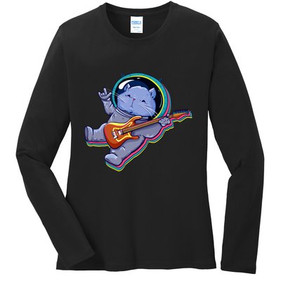 Astronaut Cat In Space Guitar Ladies Long Sleeve Shirt