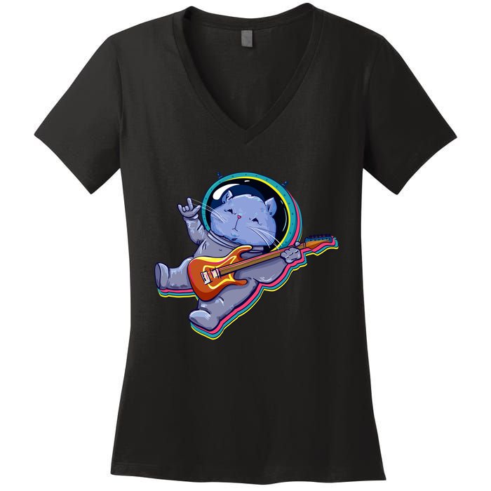 Astronaut Cat In Space Guitar Women's V-Neck T-Shirt