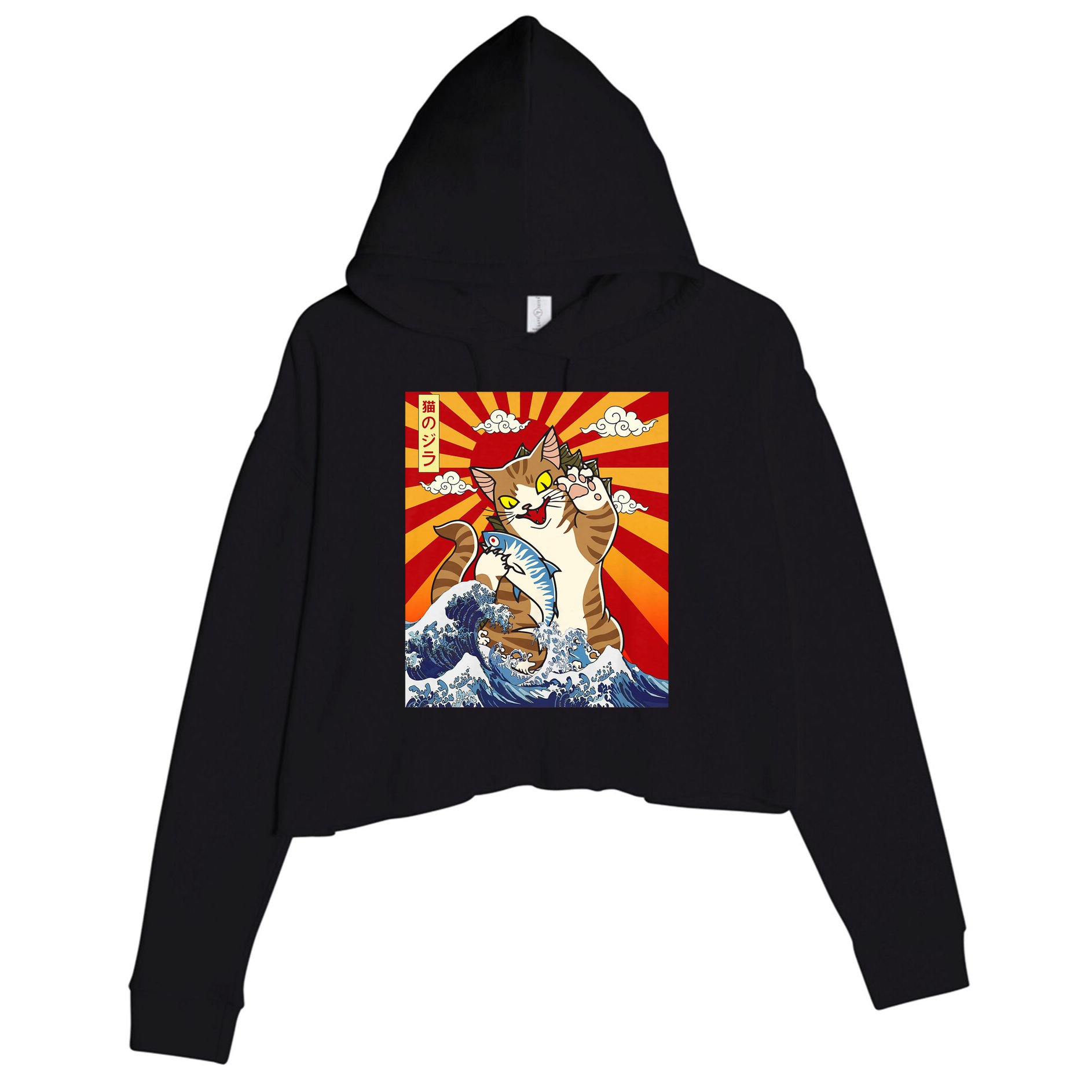 Anime Catzilla Japanese Art Cat Gifts Vintage Crop Fleece Hoodie