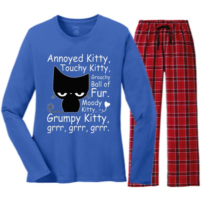 Angry Cat Kitten Lover Funny Attitude Fur Pet Owner Women's Long Sleeve Flannel Pajama Set 