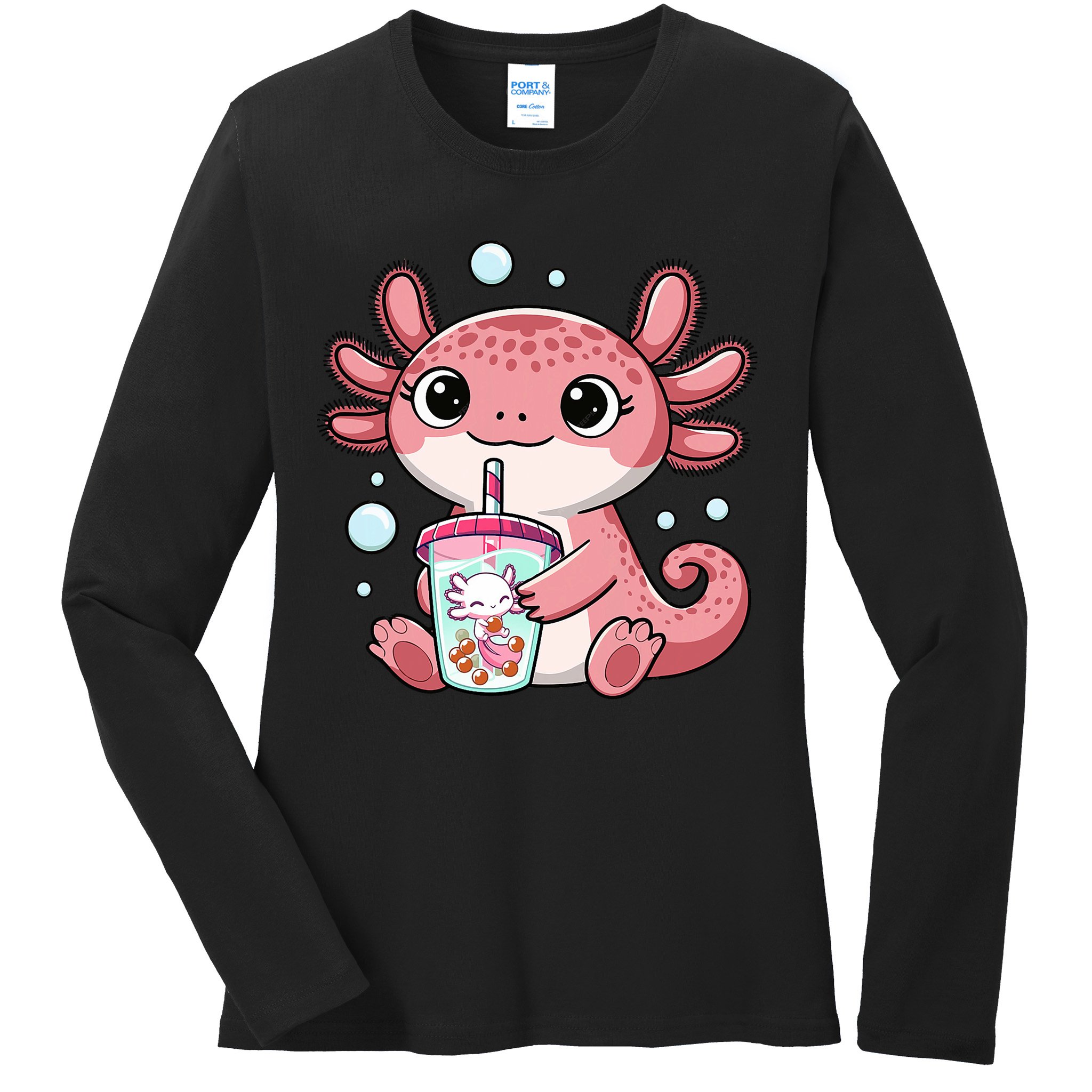 Axolotl Cute Kawaii Anime Boba Tea Ladies Long Sleeve Shirt