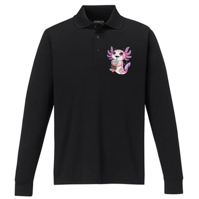 Axolotl Cute Kawaii Anime Boba Tea Performance Long Sleeve Polo