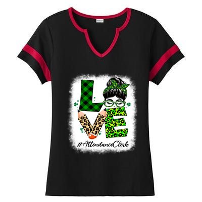 Attendance Clerk Love Bleached Messy Bun St Patricks Day Gift Ladies Halftime Notch Neck Tee