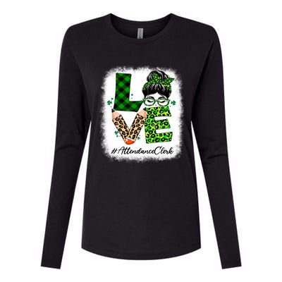 Attendance Clerk Love Bleached Messy Bun St Patricks Day Gift Womens Cotton Relaxed Long Sleeve T-Shirt