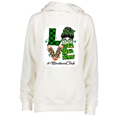 Attendance Clerk Love Bleached Messy Bun St Patricks Day Gift Womens Funnel Neck Pullover Hood