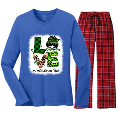 Attendance Clerk Love Bleached Messy Bun St Patricks Day Gift Women's Long Sleeve Flannel Pajama Set 