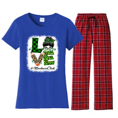 Attendance Clerk Love Bleached Messy Bun St Patricks Day Gift Women's Flannel Pajama Set