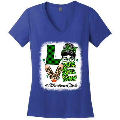 Attendance Clerk Love Bleached Messy Bun St Patricks Day Gift Women's V-Neck T-Shirt