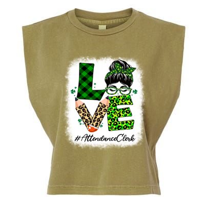 Attendance Clerk Love Bleached Messy Bun St Patricks Day Gift Garment-Dyed Women's Muscle Tee