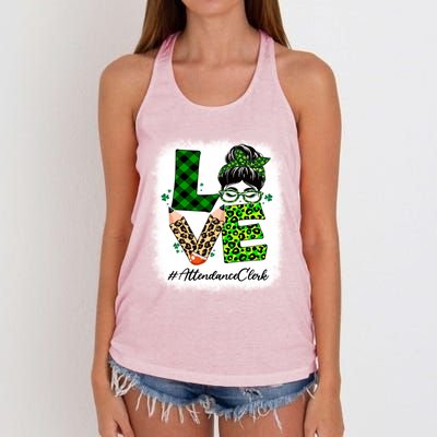 Attendance Clerk Love Bleached Messy Bun St Patricks Day Gift Women's Knotted Racerback Tank