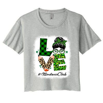 Attendance Clerk Love Bleached Messy Bun St Patricks Day Gift Women's Crop Top Tee