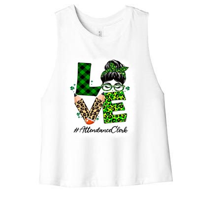 Attendance Clerk Love Bleached Messy Bun St Patricks Day Gift Women's Racerback Cropped Tank