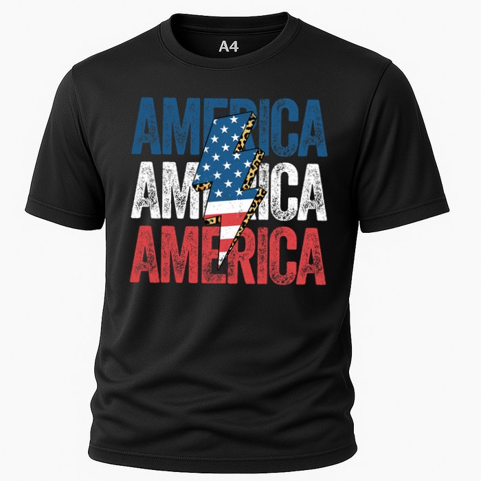 America Cheetah Leopard Lightning Bolt 4th Of July Cooling Performance Crew T-Shirt
