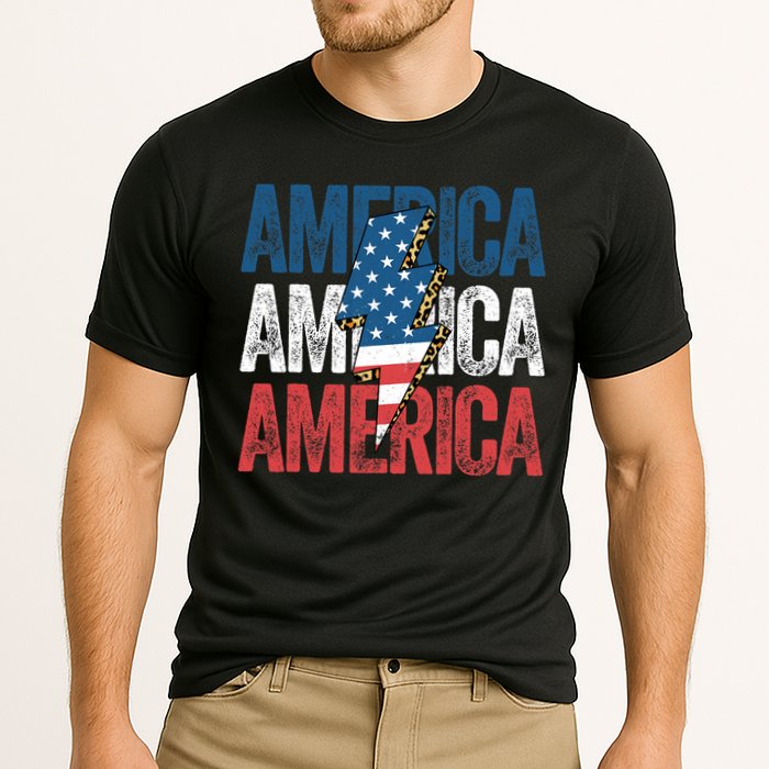 America Cheetah Leopard Lightning Bolt 4th Of July Cooling Performance Crew T-Shirt