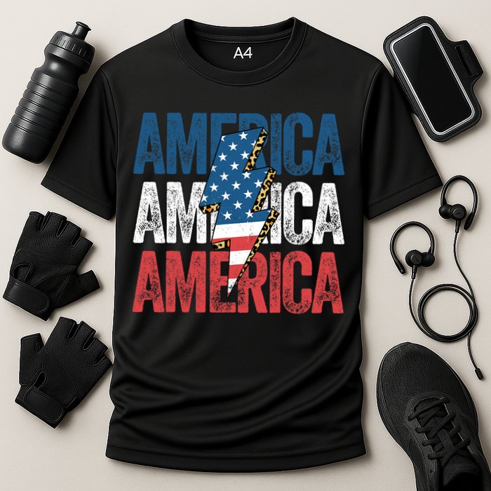 America Cheetah Leopard Lightning Bolt 4th Of July Cooling Performance Crew T-Shirt
