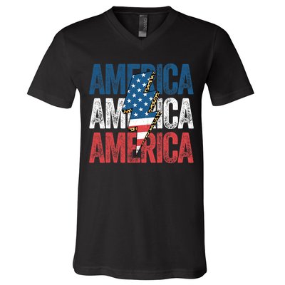 America Cheetah Leopard Lightning Bolt 4th Of July V-Neck T-Shirt