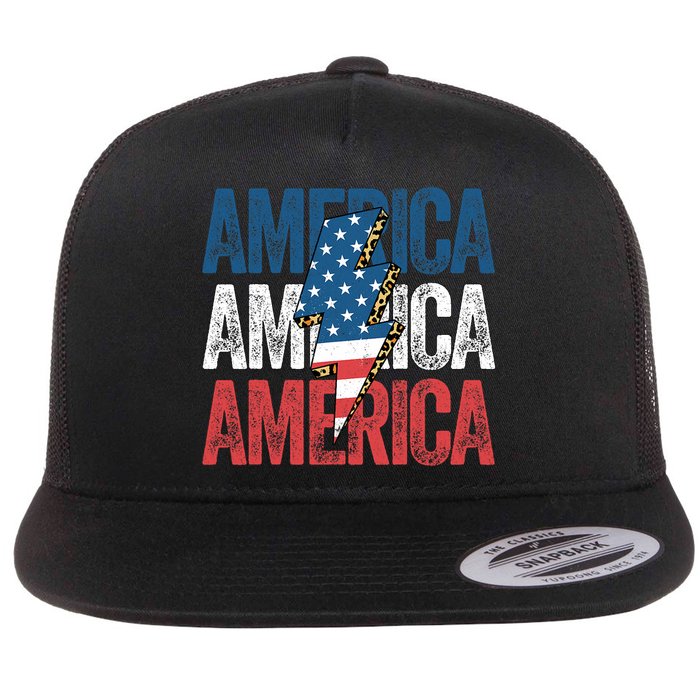 America Cheetah Leopard Lightning Bolt 4th Of July Flat Bill Trucker Hat