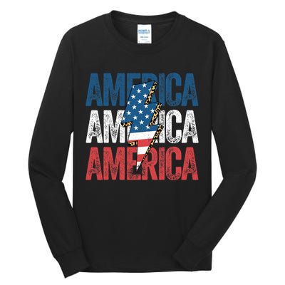 America Cheetah Leopard Lightning Bolt 4th Of July Tall Long Sleeve T-Shirt