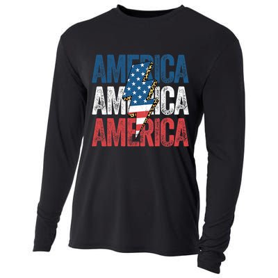 America Cheetah Leopard Lightning Bolt 4th Of July Cooling Performance Long Sleeve Crew